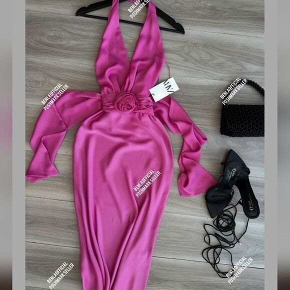 NWT ZARA FLORAL SATIN EFFECT MIDI DRESS pink - Picture 3 of 17